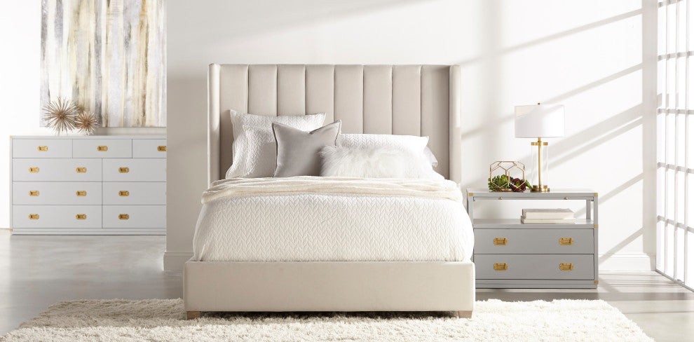 Chandler Bed, Cream Velvet, Natural Gray, Standard King
