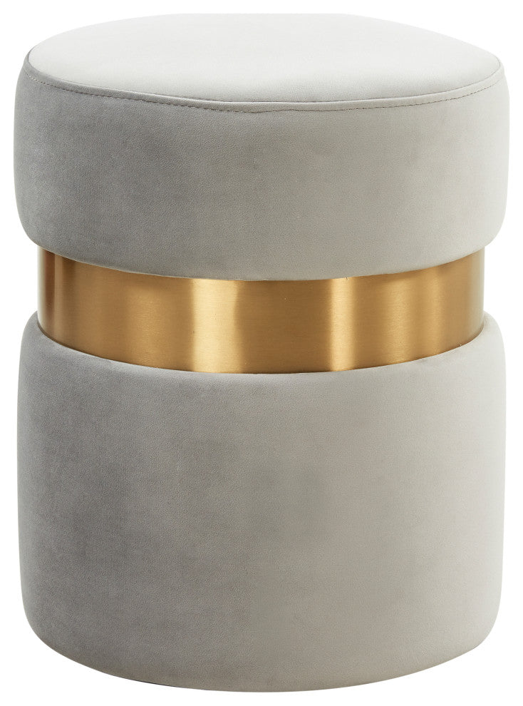 LeisureMod Troy Modern Round Velvet Ottoman Footrest Gold Band, Light Grey