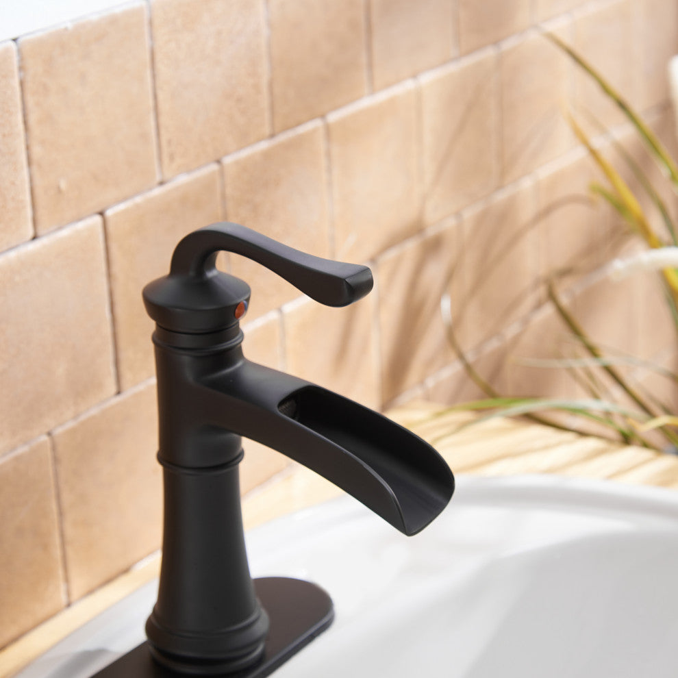 Waterfall Spout Bathroom Sink Faucet with Pop-up Drain, Matte Black