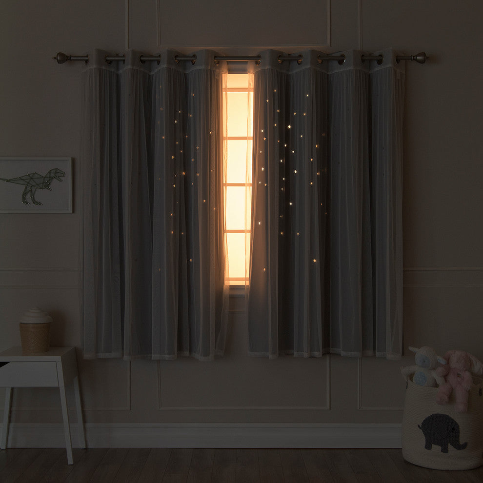 Tulle and Star Cut Out Blackout Mix and Match Curtains, Dove, 63"