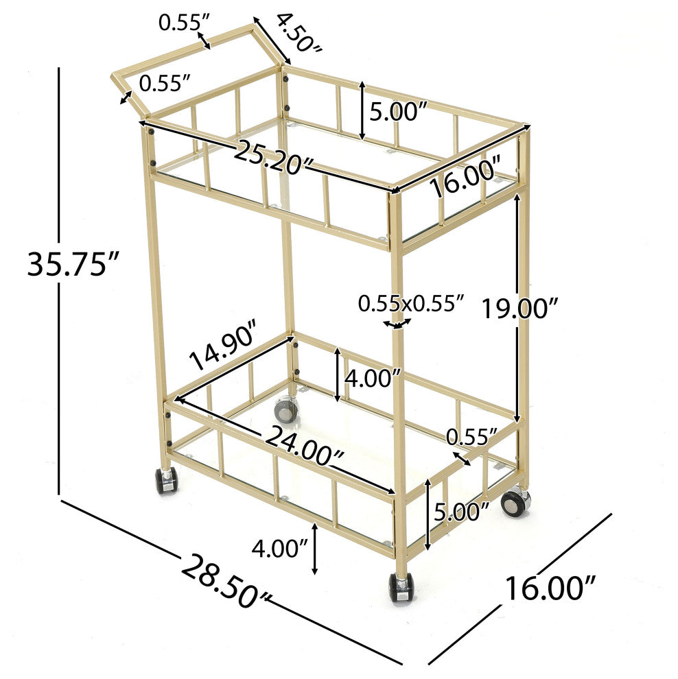 GDF Studio Louise Indoor Modern Bar Cart with Tempered Glass, Gold
