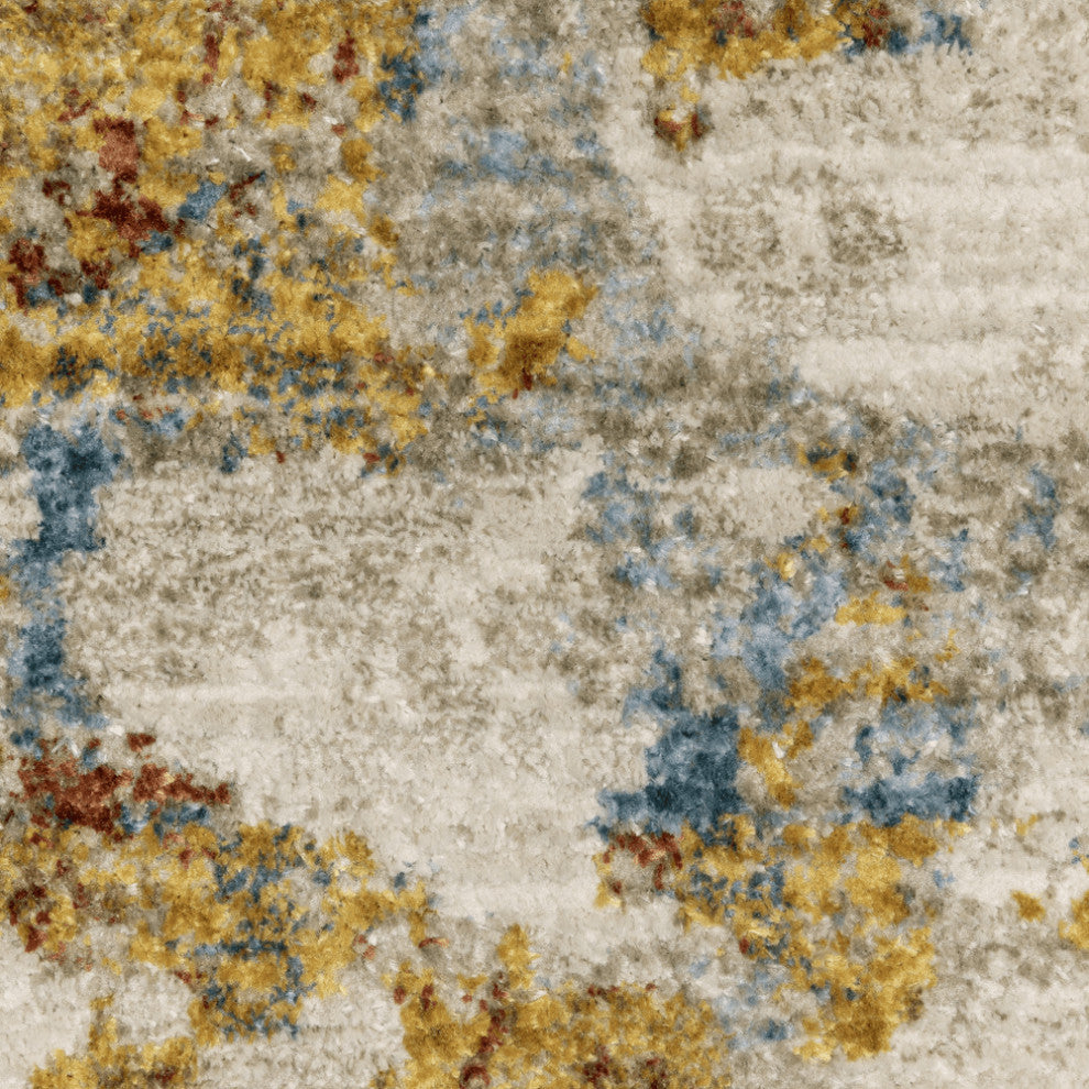 8' Beige Grey Gold Blue Rust And Teal Abstract Power Loom Runner Rug With Fringe
