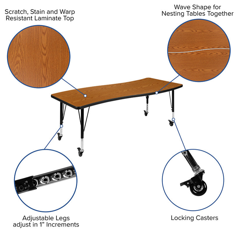 3 Mobile Piece 86" Oval Wave Activity Table Set - Standard Height Adj Legs, Oak