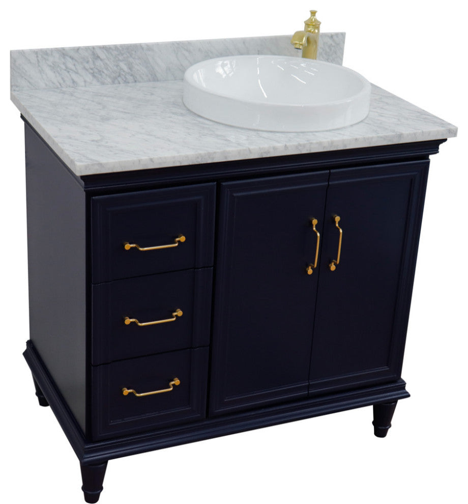 37" Single Vanity, Blue Finish With White Carrara
