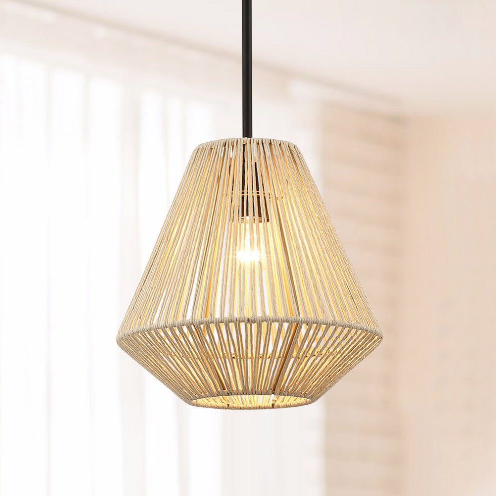 12" W 1-light Rattan Single Pendant Light With Black Canopy