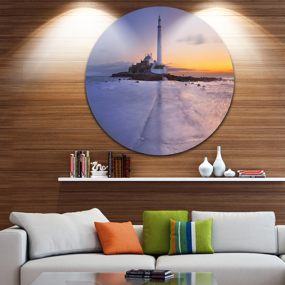Sunrise Over St. Mary'S Lighthouse, Seascape Disc Metal Wall Art, 36"