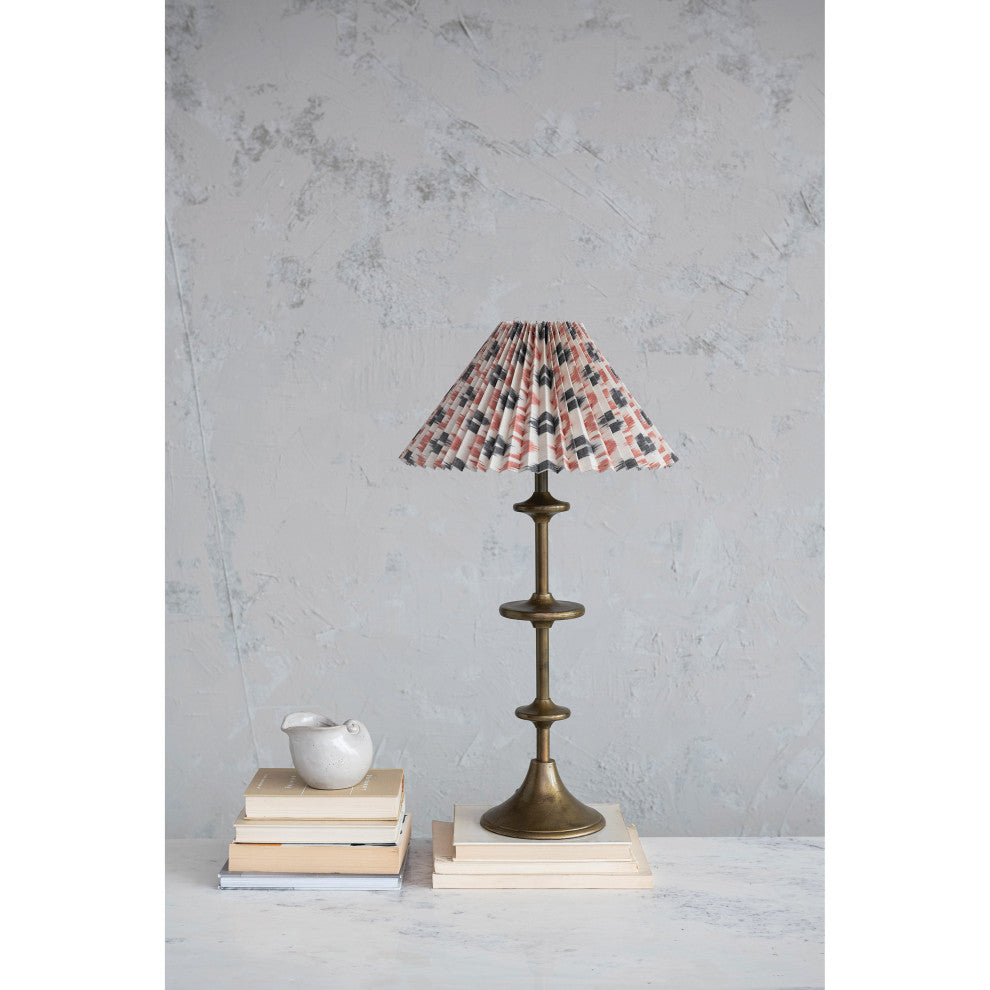 15.75" Round Metal Candlestick Table Lamp, Pleated Cotton Ikat Shade, Multi