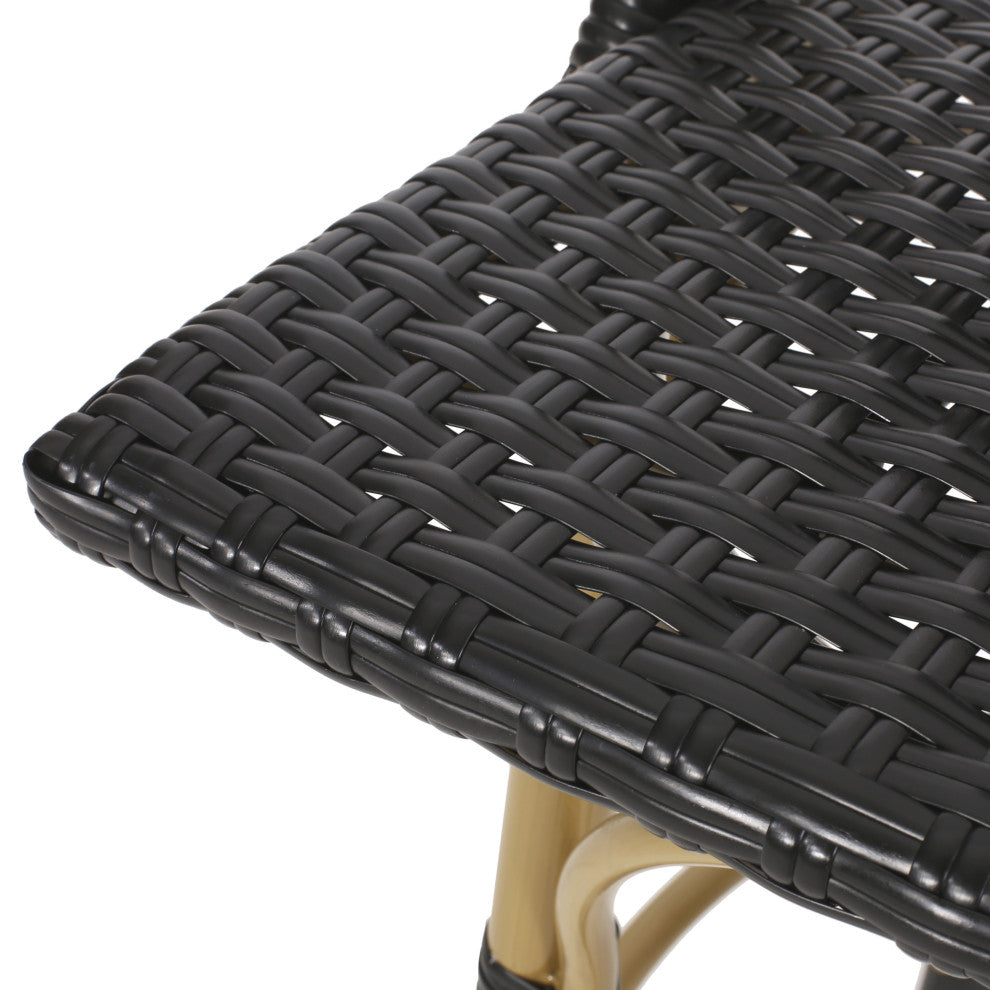 Cotterell Outdoor French Wicker and Aluminum 29.5" Barstools, Set of 2, Black/Bamboo Finish