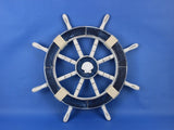 Rustic Decorative Ships Wheel With Seashell, Dark Blue, 18"