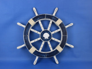 Rustic Decorative Ships Wheel With Seashell, Dark Blue, 18"