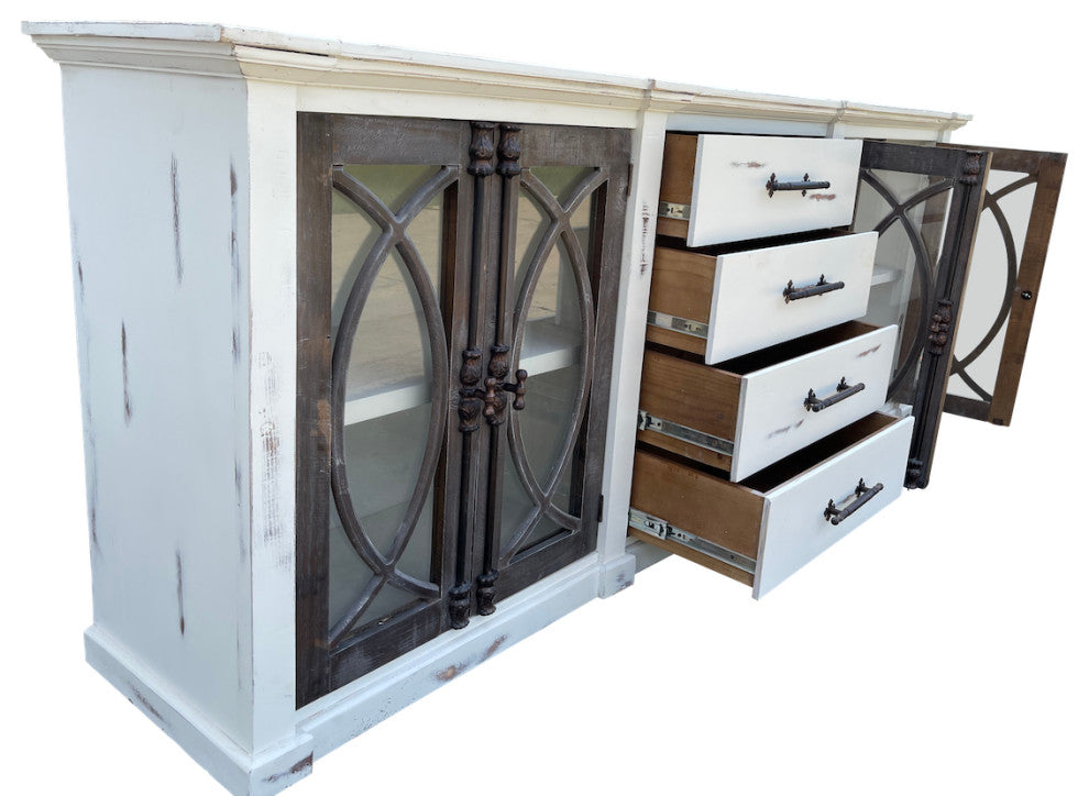 Large Media Console With Iron Hardware, White With Brown Doors