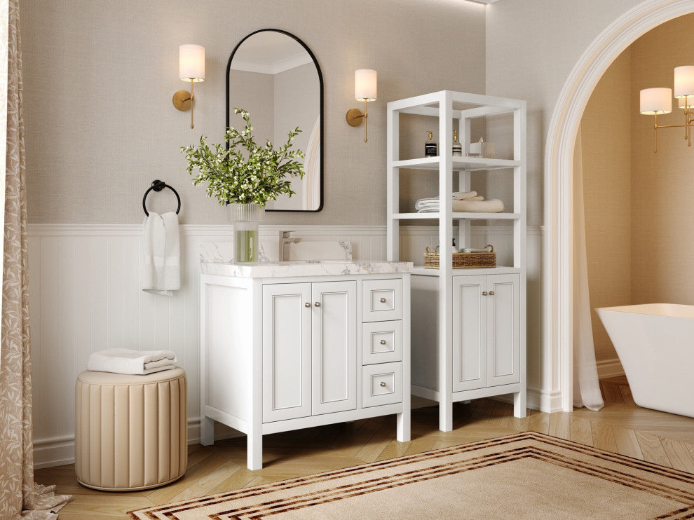Nashville 36" Center Sink Bath Vanity, White 2" Calacatta Sienna
