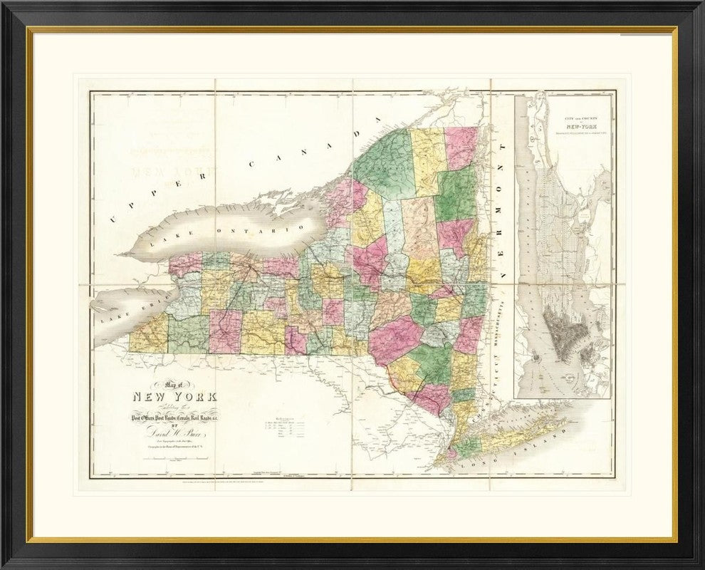 "Map of New York, 1839" Framed Digital Print by David H. Burr, 46x37"