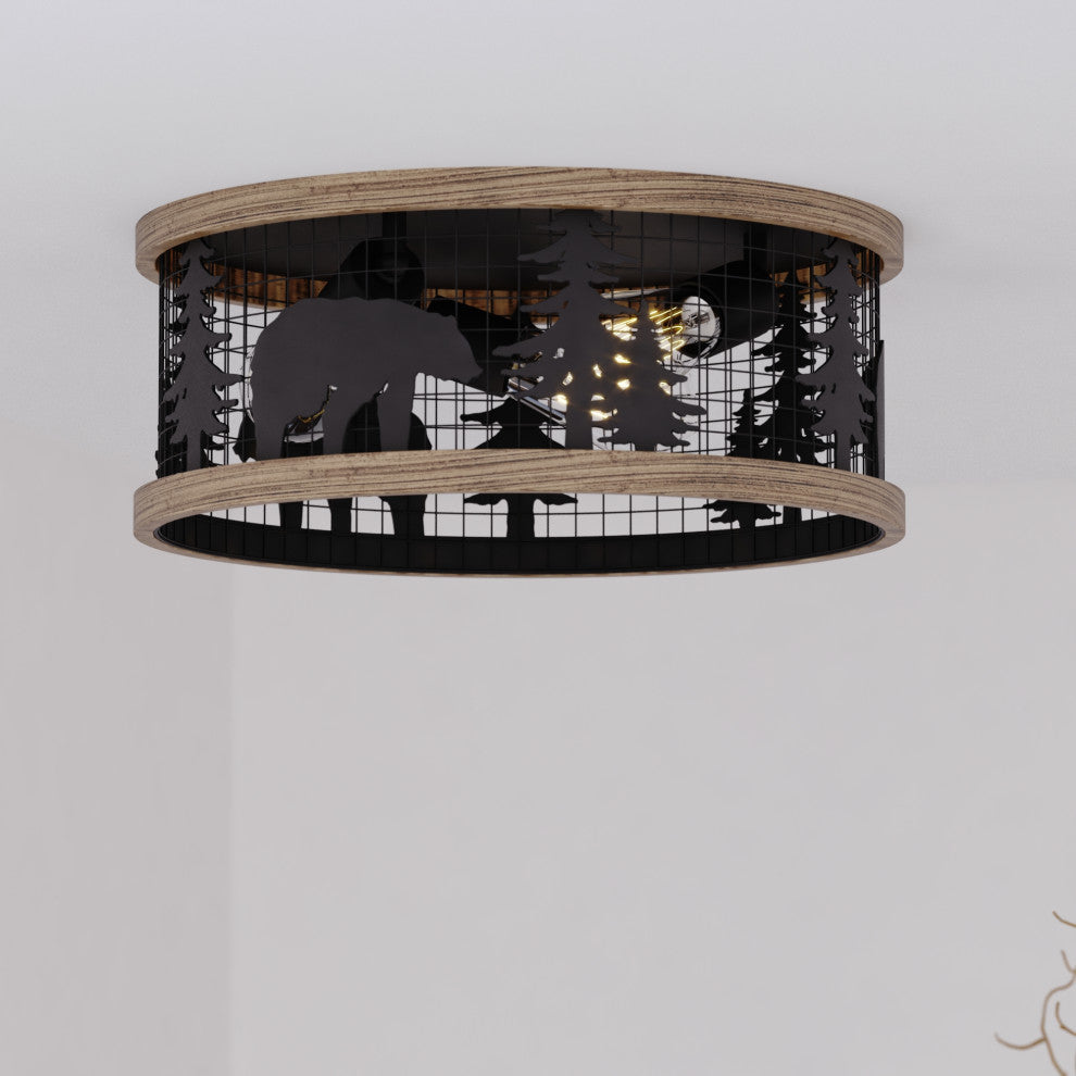 Kodiak 12-in W Black Rustic Cage Flush Ceiling Light Fixture Moose Tree Motif, Bear