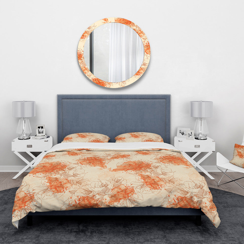 Handdrawn Asian Flowers With Orange Floral Duvet Cover, Queen
