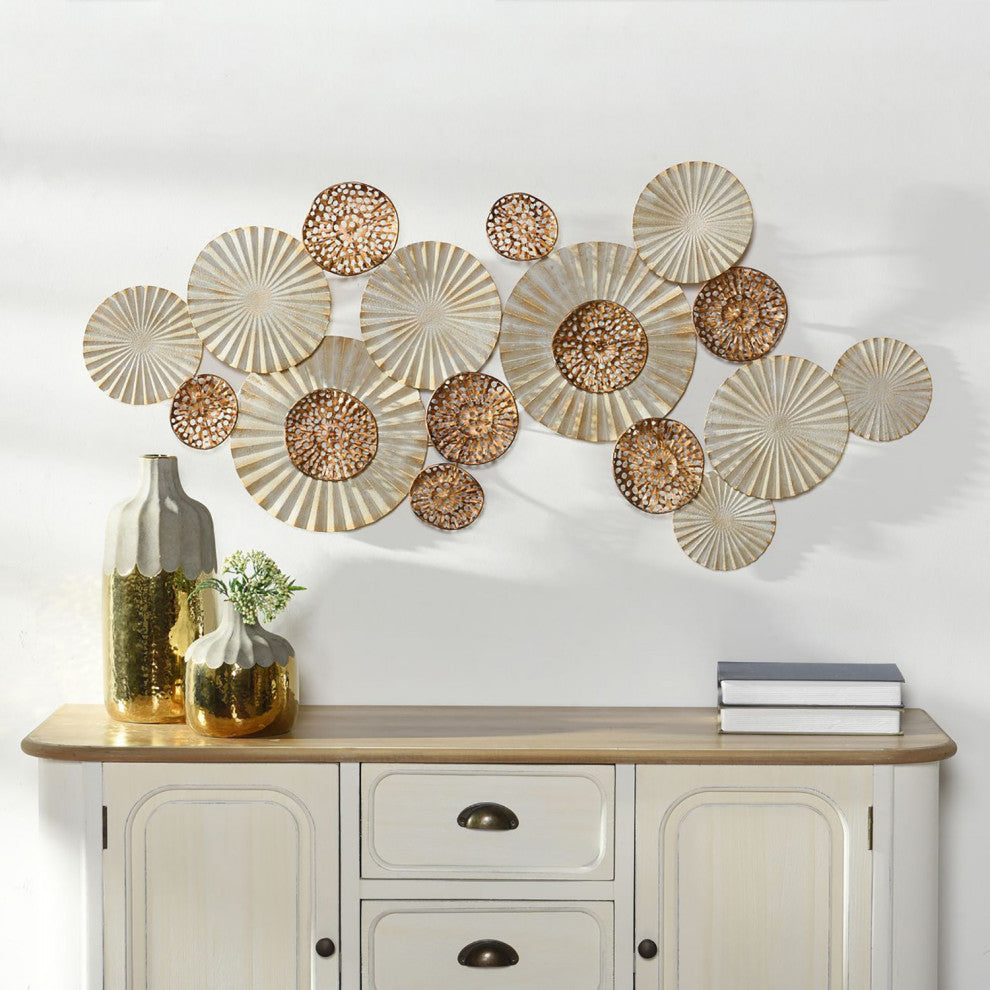 Handmade Metal Wall Art-Discs-Ivory, Gold-47" x 23"