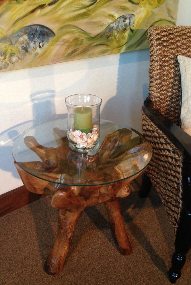 Teak Wood Root Side Table with 24" Round Glass Top