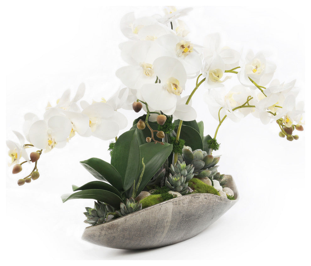 Cream White Real Touch Phalaenopsis Orchids in Large Metal Tray