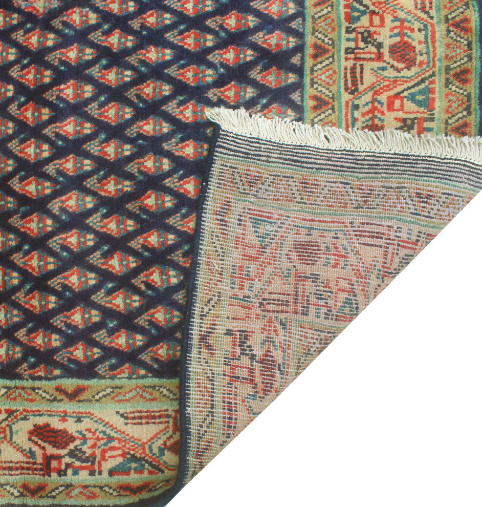 Fine Vintage Distressed Aldys Navy/Beige Runner, 3'5 x 10'2