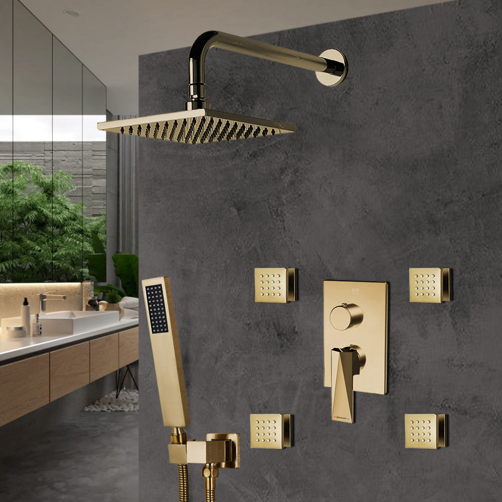 Bravat Brushed Gold Wall Mounted Square Shower Set, Valve Mixer 3-Way Concealed