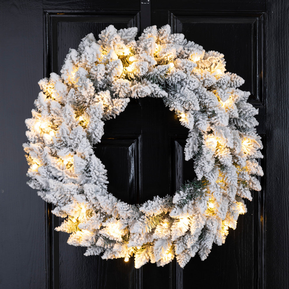 24"D Pre-Lit Snow Flocked Christmas Wreath With Warm White LED Light