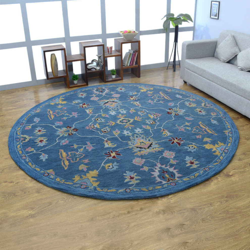 HAND TUFTED WOOL ECO-FRIENDLY AREA RUGS - Round,Light Blue,Floral