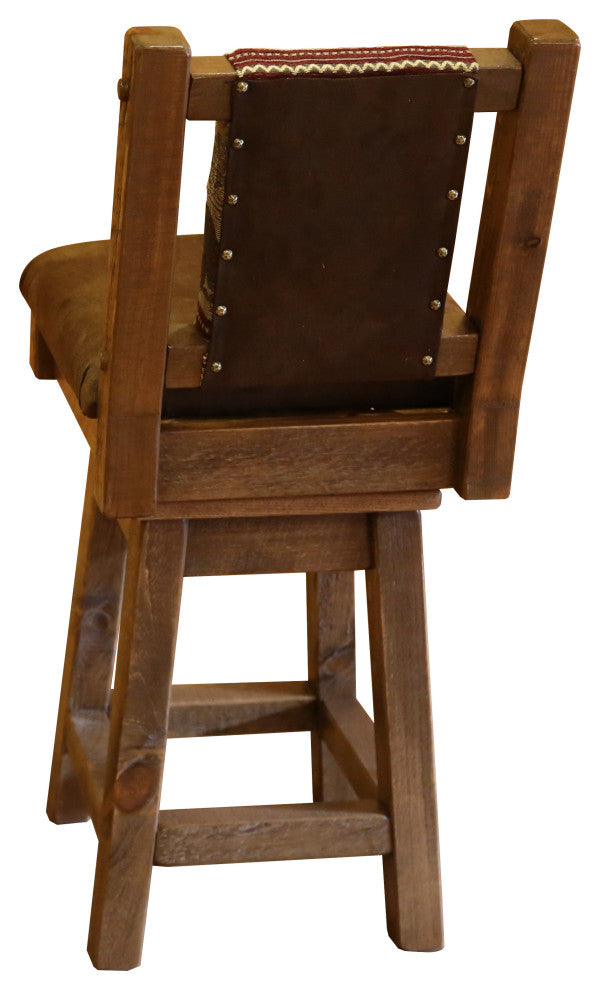 Barnwood Style Timber Peg Swivel Upholstered Barstool, Early American, Bear Run and Palomino Tobacco, Counter Height