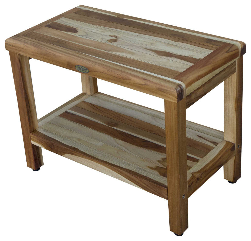 HomeRoots Rectangular Teak Shower Bench With Shelf, Natural Finish