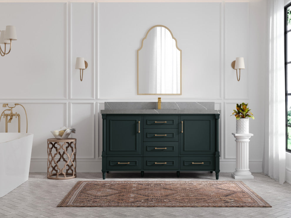 Aberdeen 60 Single Bathroom Vanity in Dark Forest Green 2" Piatra Gray