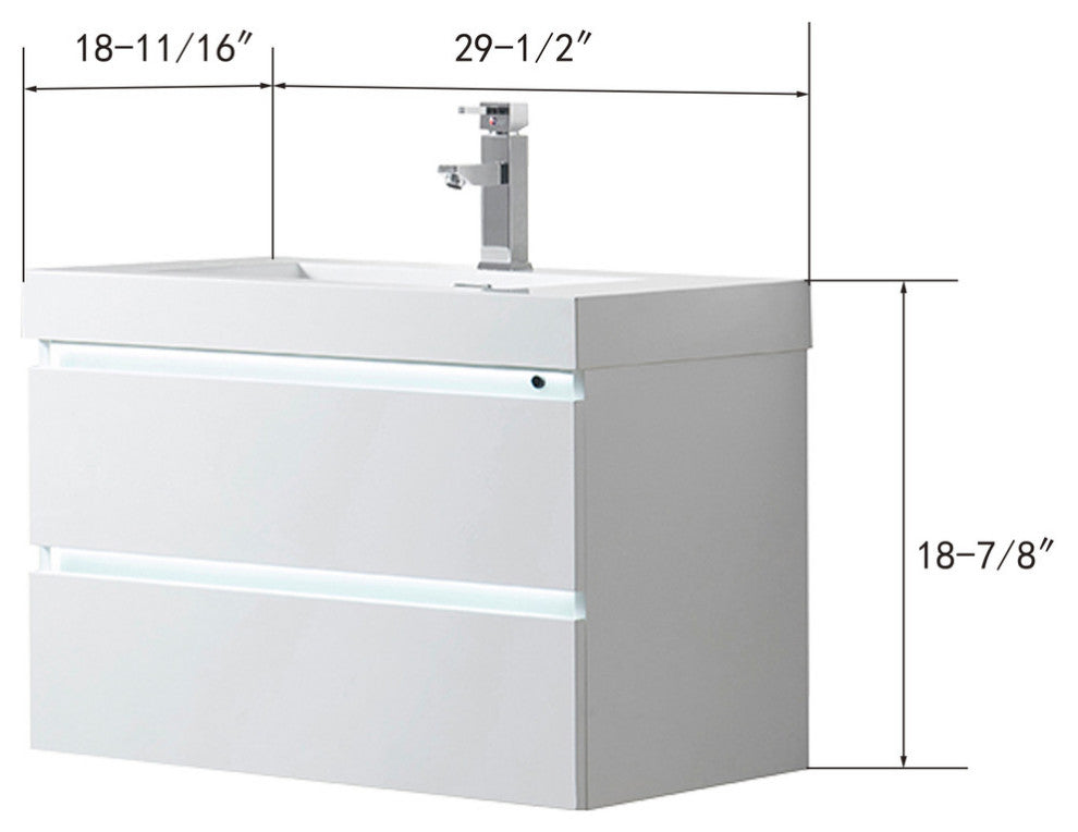 Vanity Art LED Lighted Wall-Hung Single-Sink Vanity With Resin Top, 30"