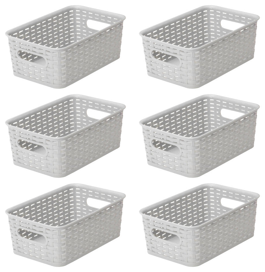 Plastic Rattan Storage Box Basket Organizer, Gray, Small-Pack of 6