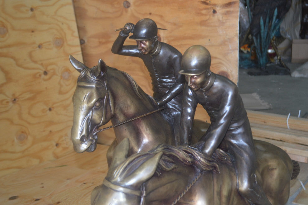 Two Horse Riders Racing Each Other Bronze Statue -  Size: 45"L x 21"W x 42"H.