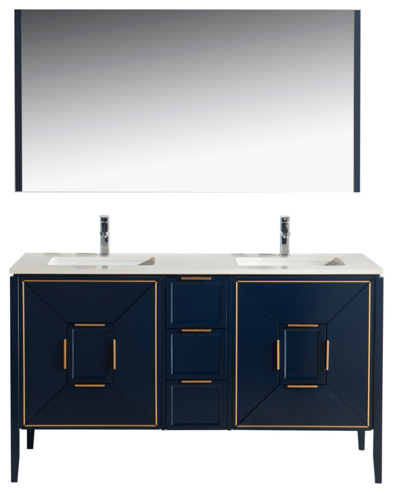 Vetro 60" Vanity With Quartz Counter Top, Gloss White, Navy Blue