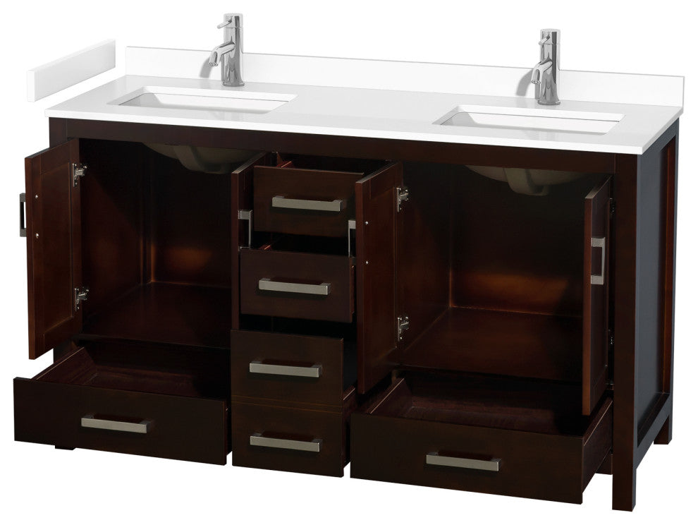60" Double Bathroom Vanity, Espresso, White Cultured Marble Countertop, Sinks