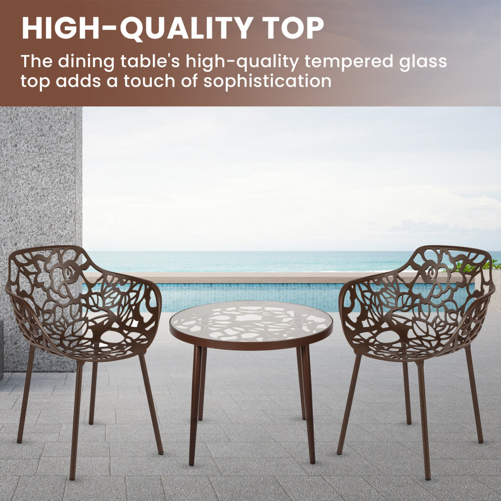 LeisureMod Devon Aluminum Patio Dining Set With Table and 2 Armchairs, Brown