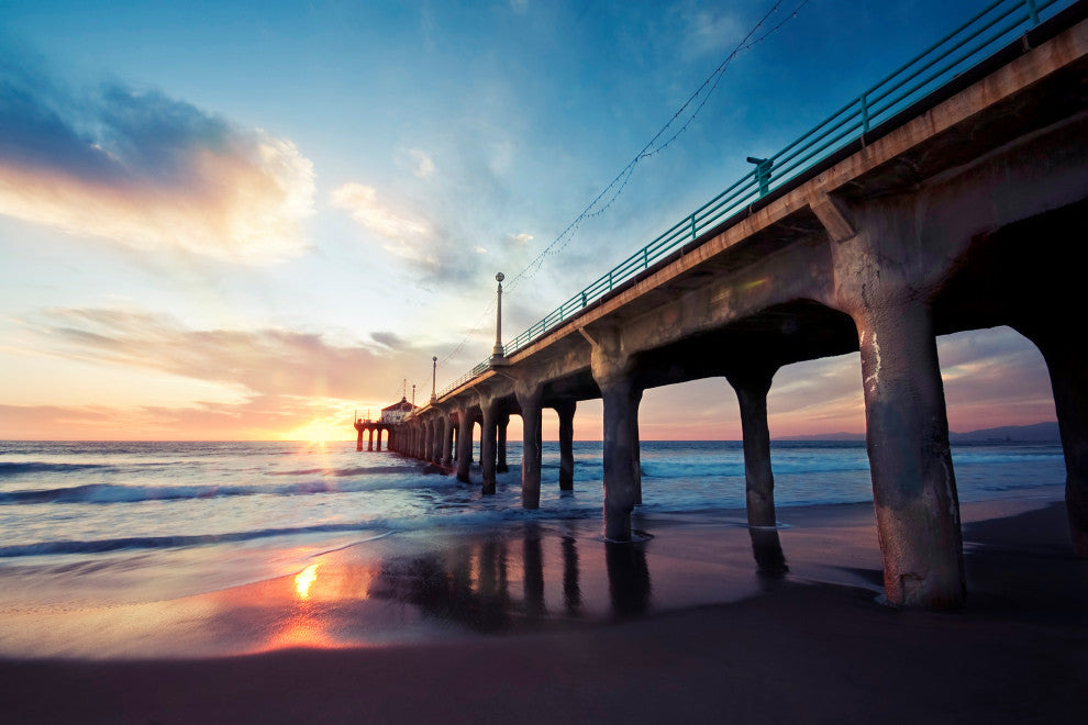 Tranquil Manhattan Beach Pier at Sunset Landscape Photo Canvas Wall Art Print, 12" X 16"