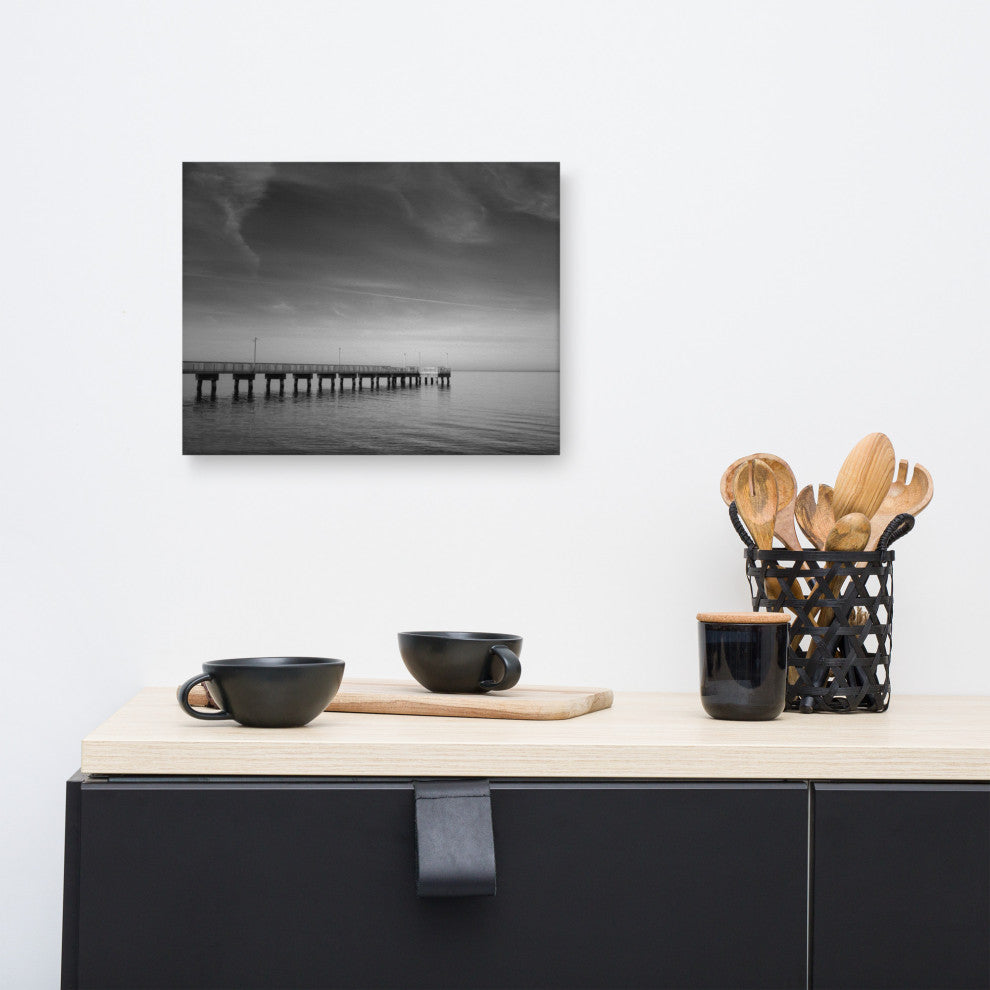 End of the Pier Coastal Black & White Photo Canvas Wall Art Print, 12" X 16"