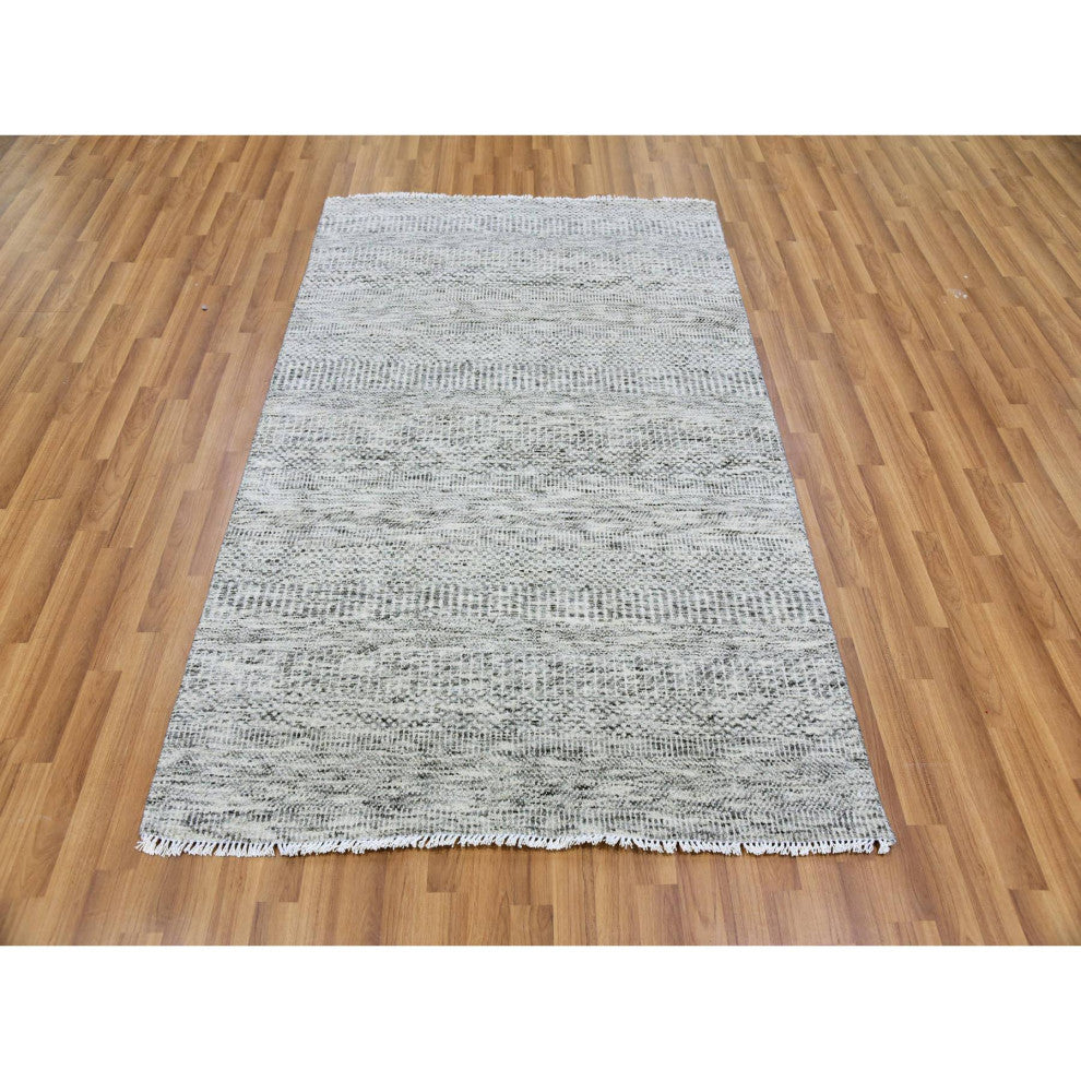 Platinum Gray Modern Grass Design Pure Undyed Wool Hand Knotted Rug, 4'x6'4"