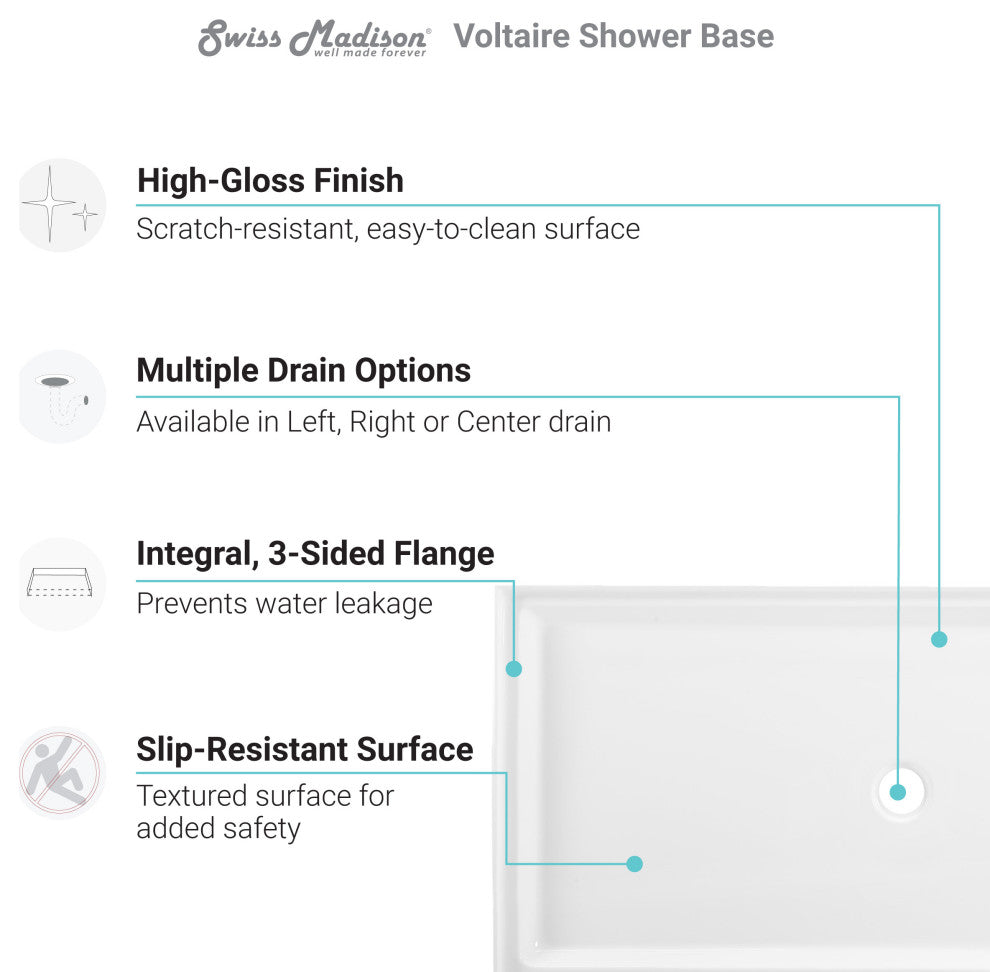 Voltaire 60"x32" Acrylic White, Single-Threshold, Center Drain, Shower Base