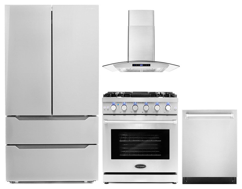 4-Piece, 30" Gas Range, 30" Range Hood, 24" Dishwasher and Refrigerator