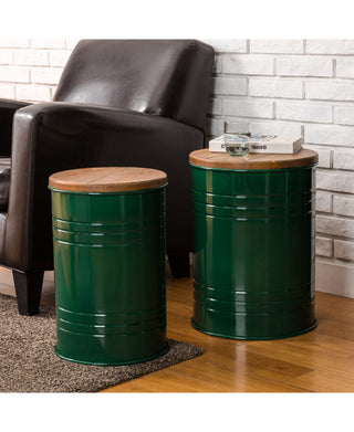 Farmhouse Metal With Solid Wood Seat Storage Stool, Set of 2, Hunter Green