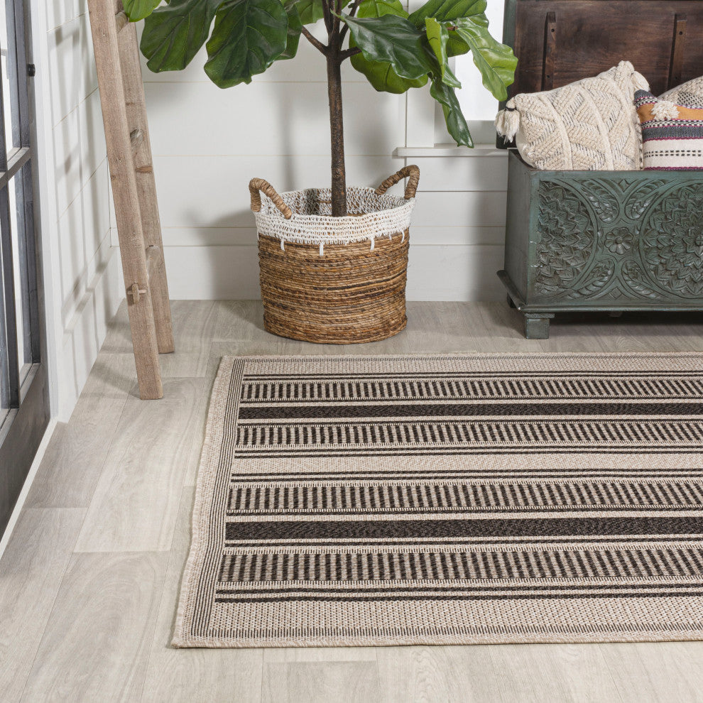 Haynes Modern Double Stripe Indoor/Outdoor Area Rug, Black/Beige, 3x5