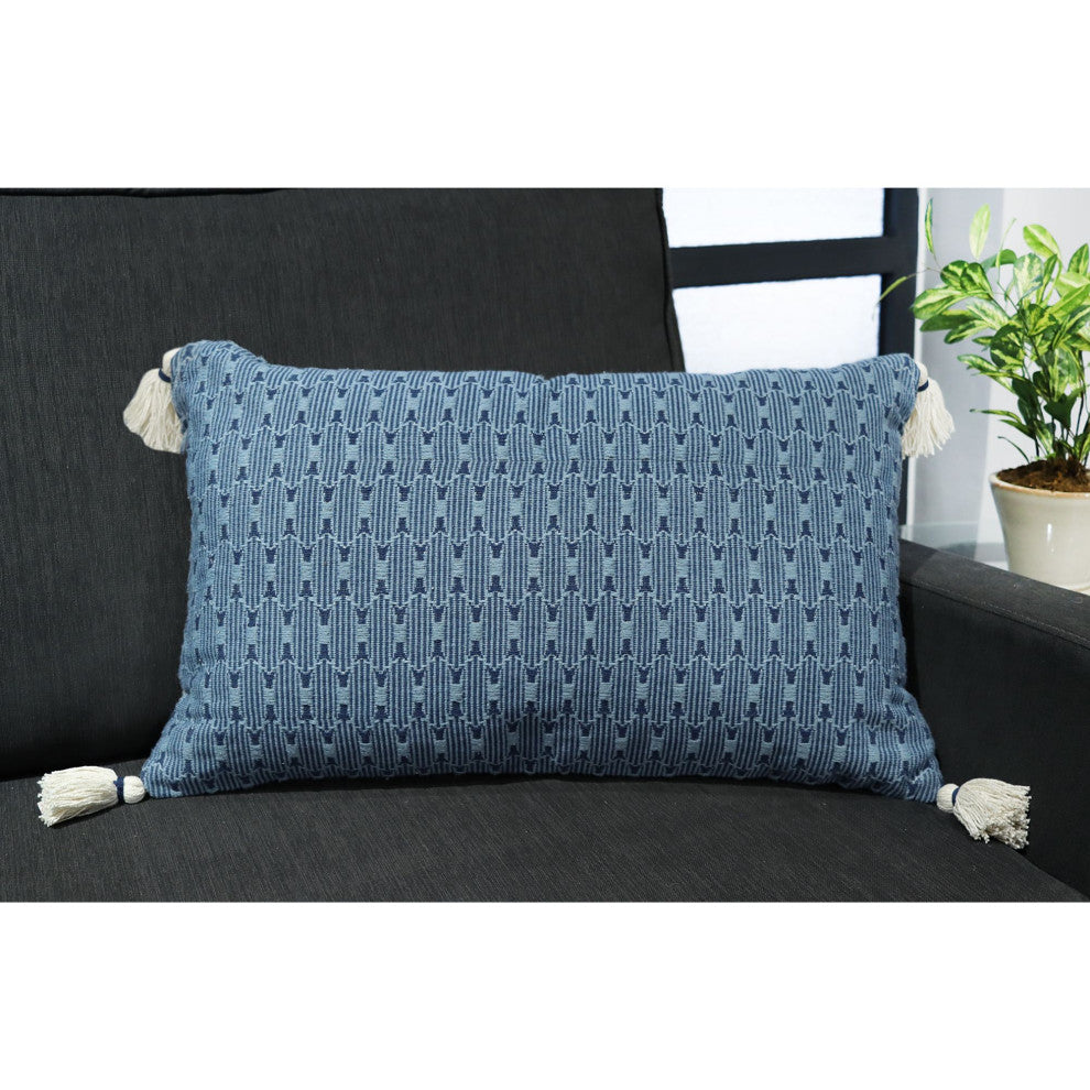 Blue Machine Woven with Tassels Kistler Throw Pillow, 16" x 26"