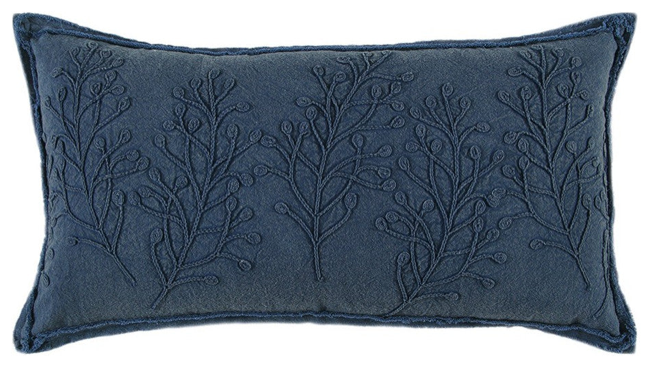 Navy Botanical Pattern Embroidered Lumbar Pillow