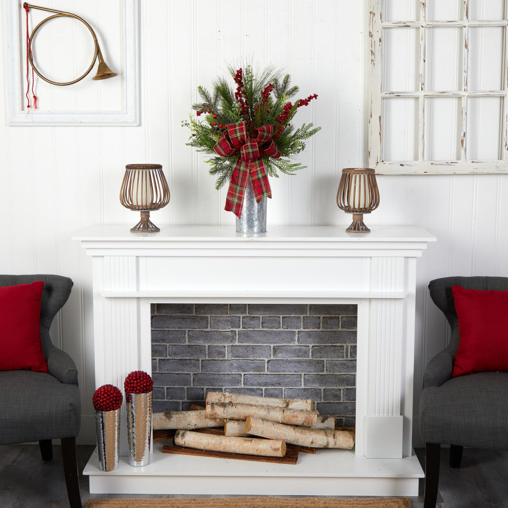 28" Holiday Winter Greenery, Berries and Plaid Bow Faux Xmas Arrangement