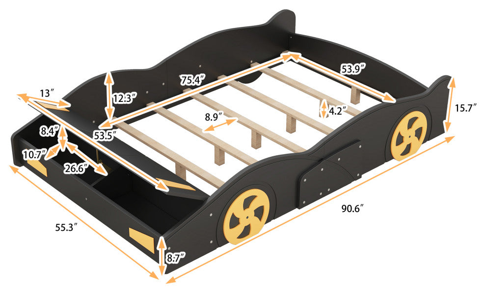 Gewnee Full Size Race Car-Shaped Platform Bed with Wheels and Storage