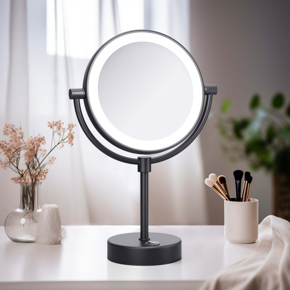 Circular LED Free Standing Magnifying Make Up Mirror, Matte Black