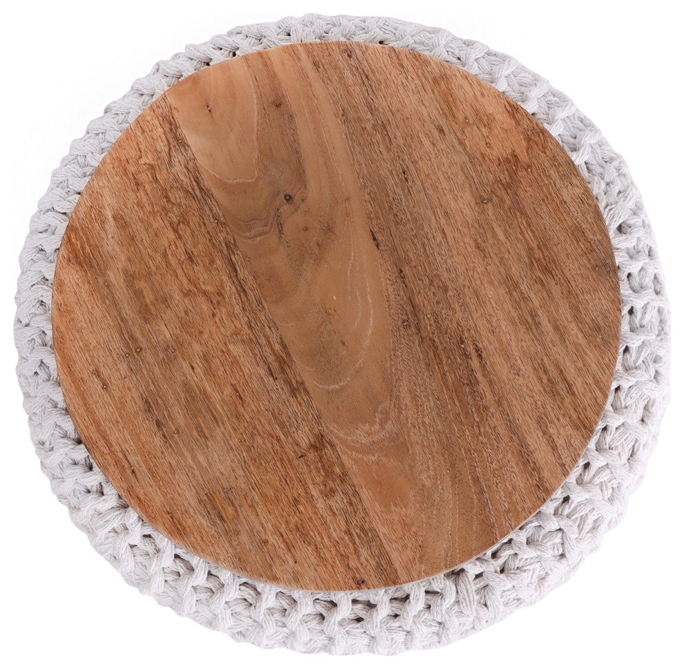 Loft Lyfe Marbella Ottoman, Hand Knitted, Wooden Tray, Cotton Yarn, White