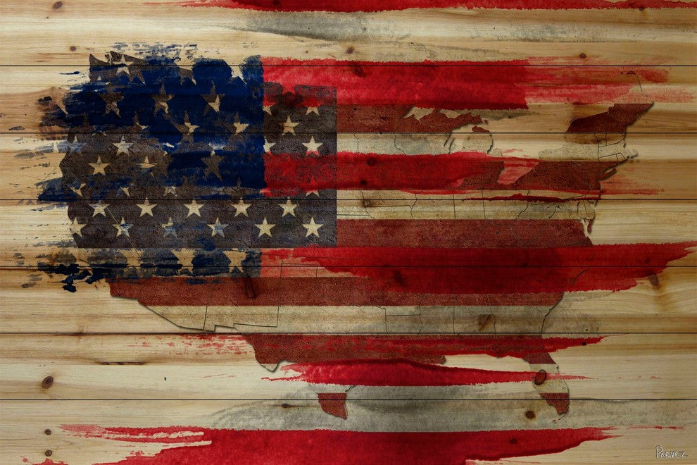 "American Map" Painting Print on Natural Pine Wood, 45"x30"