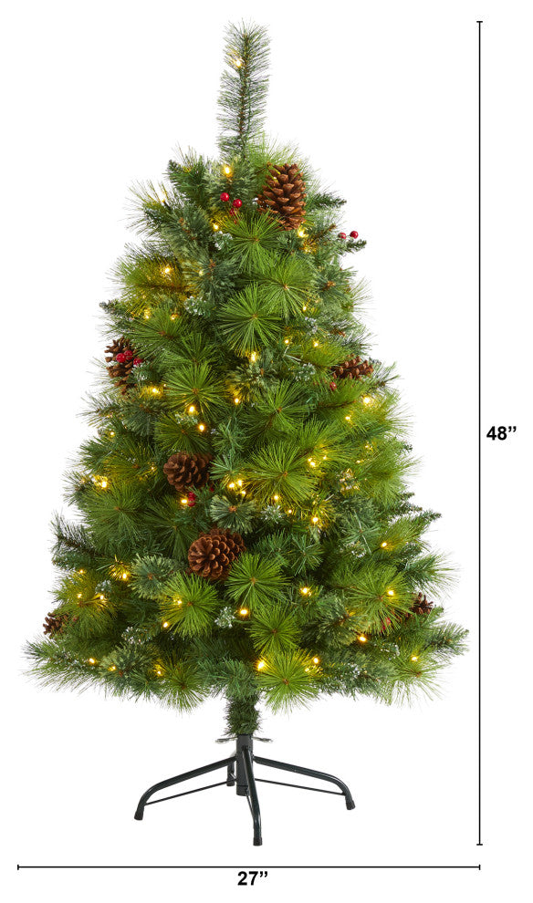 4' Montana Mixed Pine Faux Xmas Tree With Pine Cones, Berries & 150 Clear Lights